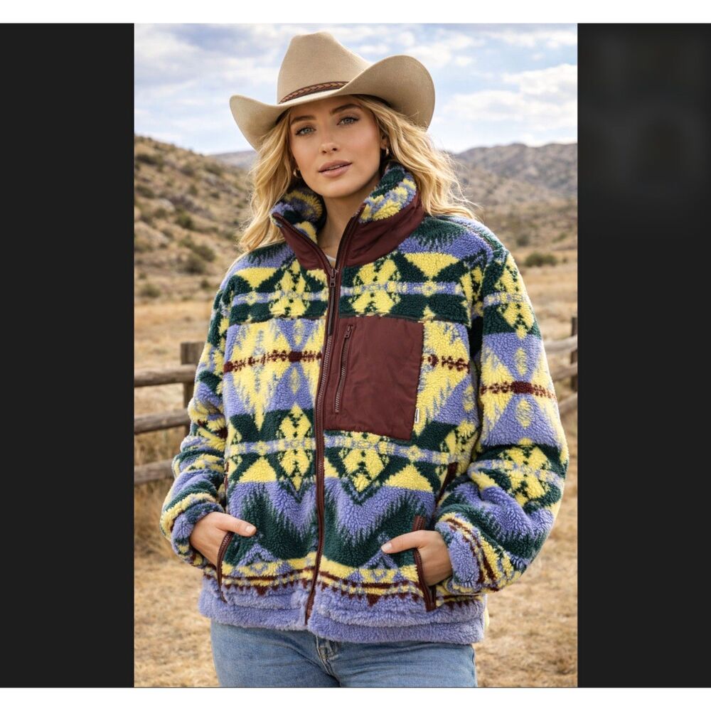 Wrangler Sherpa Jacket Large Aztec Southwestern Fleece Zip Retro Cozy Pocket NWT